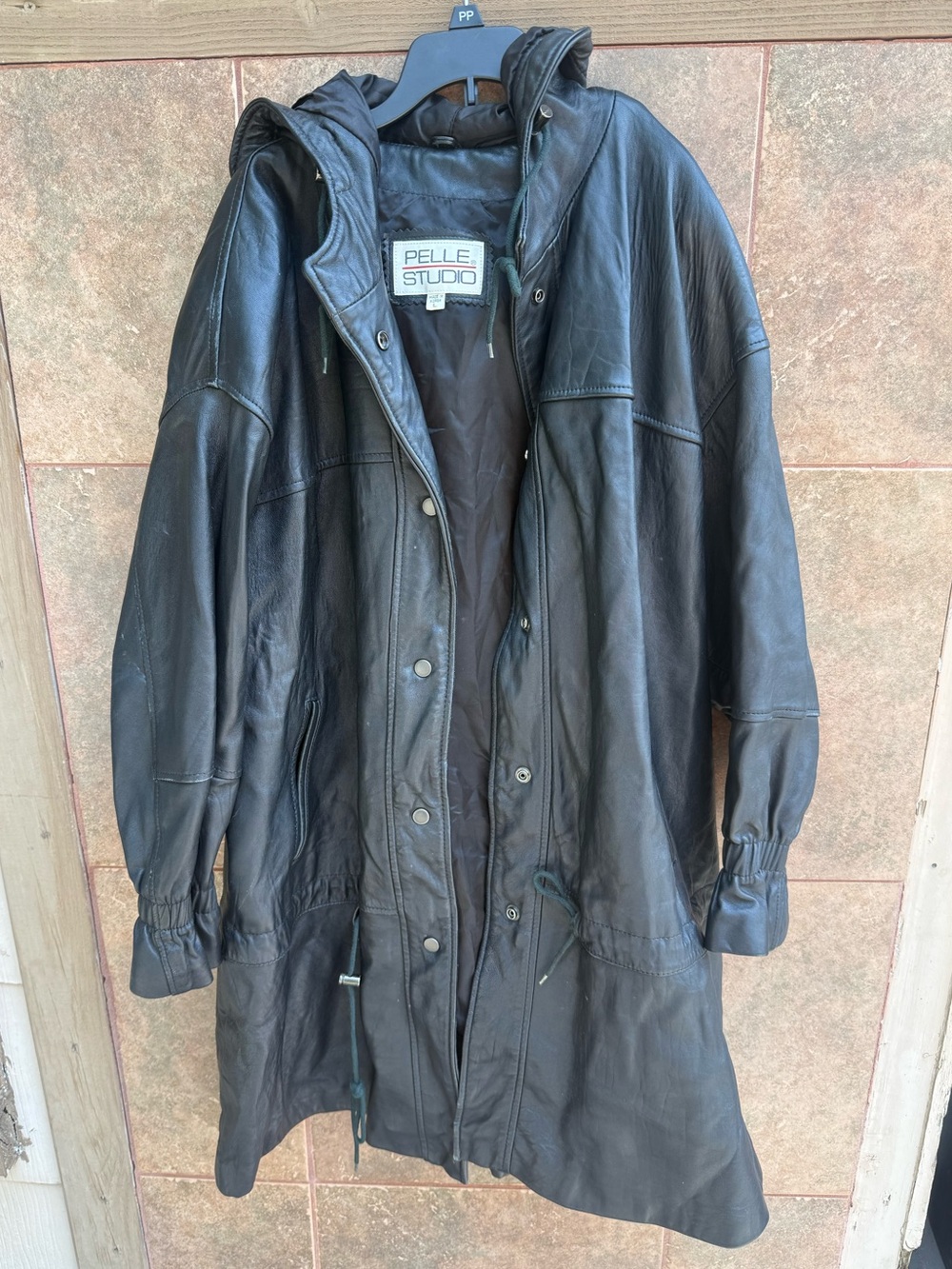 Pelle Studio Vintage Black Leather Trench Coat Size L